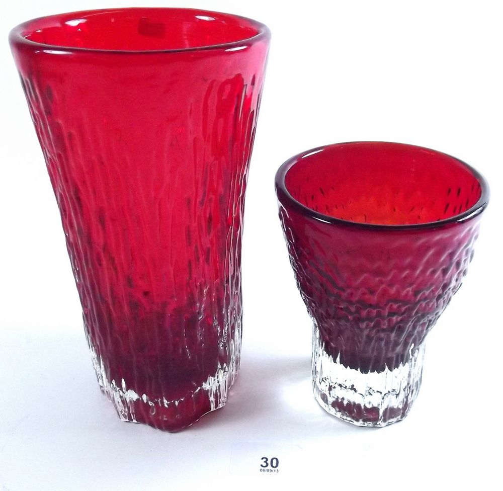 Two Whitefriars ruby tapered textured vases - 14cm and 21cm