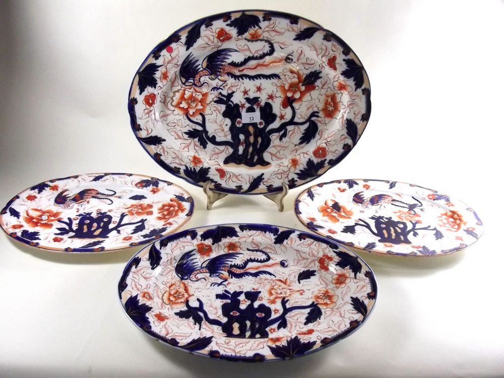 Four 19th century Imari pattern porcelain meat plates - crossed swords mark