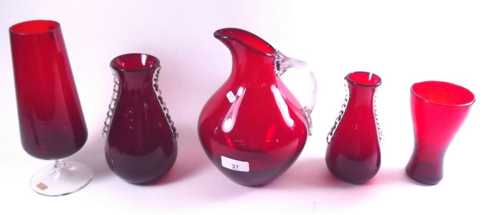 Four Whitefriars ruby glass vases and a large jug