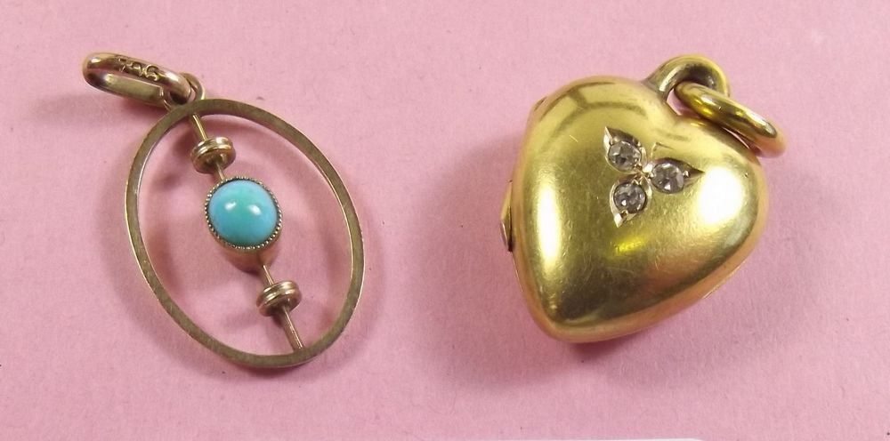 A Victorian yellow metal heart form locket set three diamonds and an Edwardian pendant set turquoise