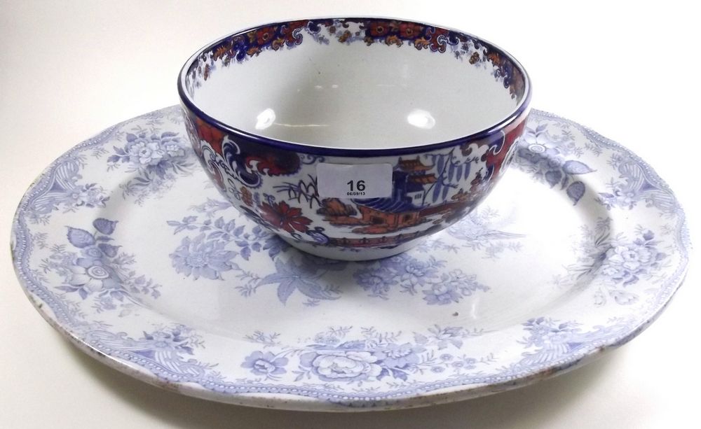 A Victorian blue and white meat plate and ironstone bowl