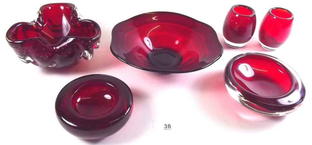 A group of six various items of Whitefriars ruby glass