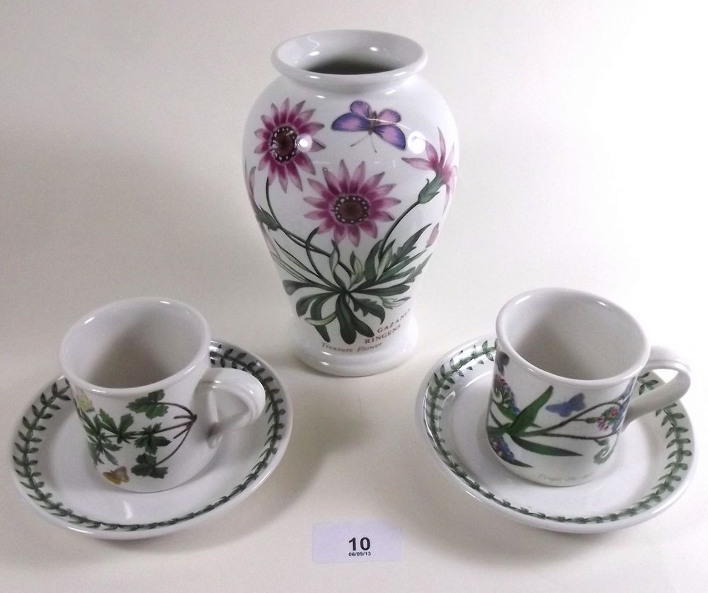 A set of six Portmeirion coffee cups and saucers and a vase