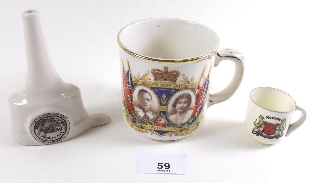 A 1937 George VI coronation mug, miniature mug and pie funnel