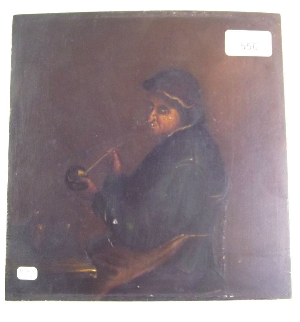 A 19th century Dutch oil on panel old lady holding punch ladle - unframed 23 x 22cm