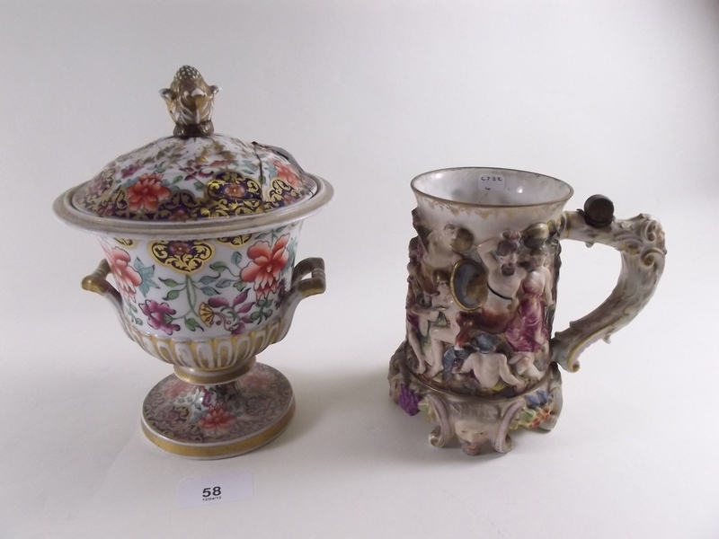 A 19th century Capodimonte tankard decorated bacchus scenes a/f and a Chamberlains Worcester