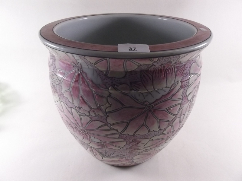 A Chinese pink floral jardiniere