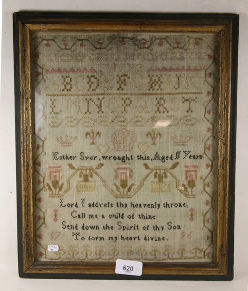 An 18th century alphabet sampler dated 1796 by Esther Syer with crowns and floral motifs 32 x 26cm