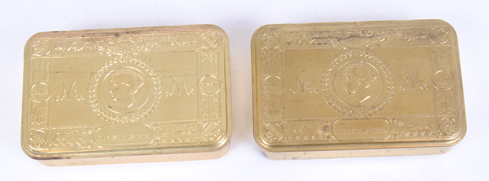 "Two WW I brass Princess Mary Christmas Gift to the Troops tins, 1914 with miscellaneous contents"