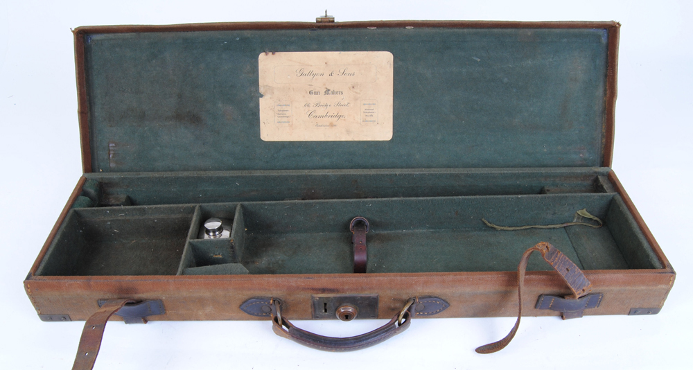 Canvas and leather motor case with brass corners and Gallyon & Son trade label