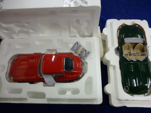 Franklin Mint: 1961 Jaguar E Type and 1961 Jaguar E Type Coupe, in original boxes, E-M, boxes F-G (