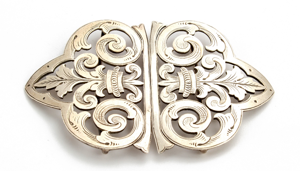 A Victorian silver nurse`s belt buckle by D&F, marked Birmingham 1898, having two pierced joining