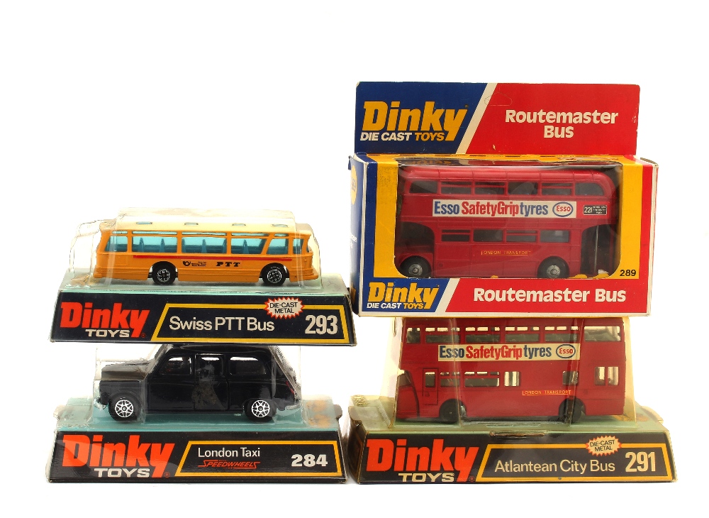 Dinky Toys Public Transport Vehicles, 284 London Taxi (2), 293 Swiss PTT Bus, 292 Atlantean Bus, 289