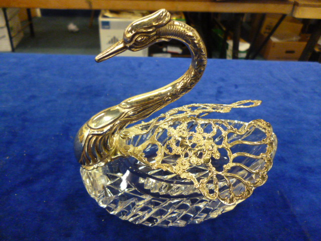 A cut glass and silver bonbon dish in the form of a swan (1)