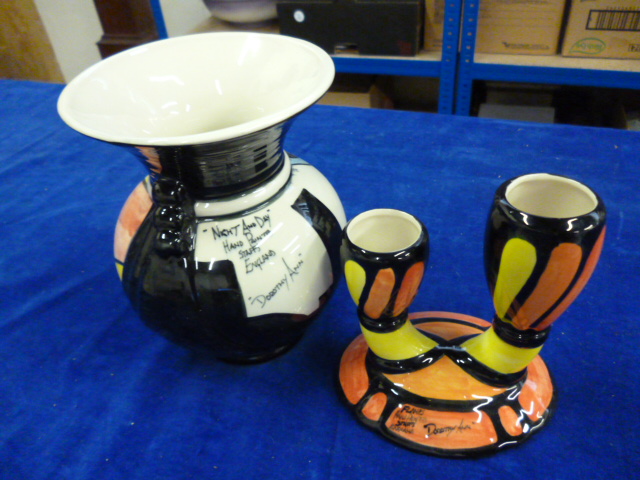 A Crown Derby vase designed by Dorothy Ann together with a similar candle holder (2)