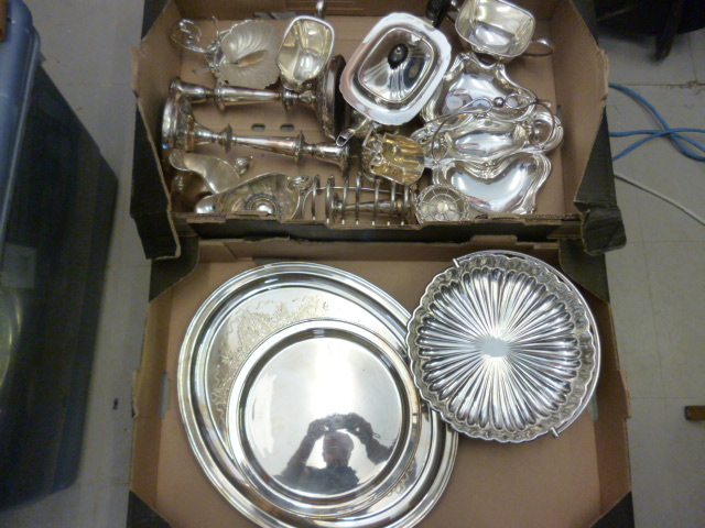 A good collection of silver plate, including three piece tea set, a pair of Sheffield plate