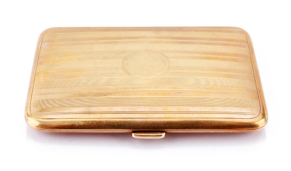 A 9ct gold cigarette case, rectangular with engraved line design and blank round initial panel,
