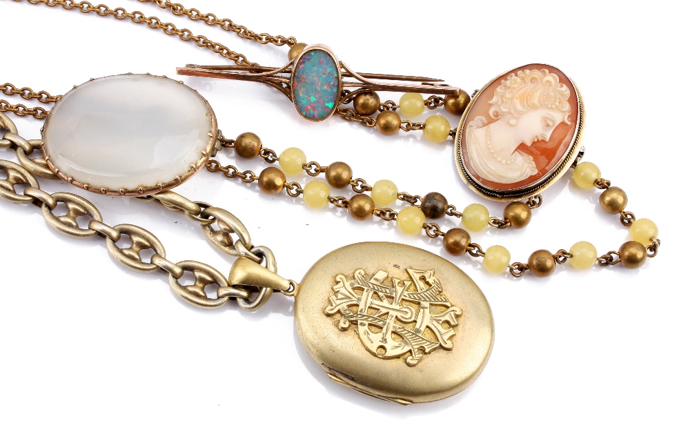 A gold and opal bar brooch, together with a white hard stone and gold brooch, a cameo brooch, a gilt