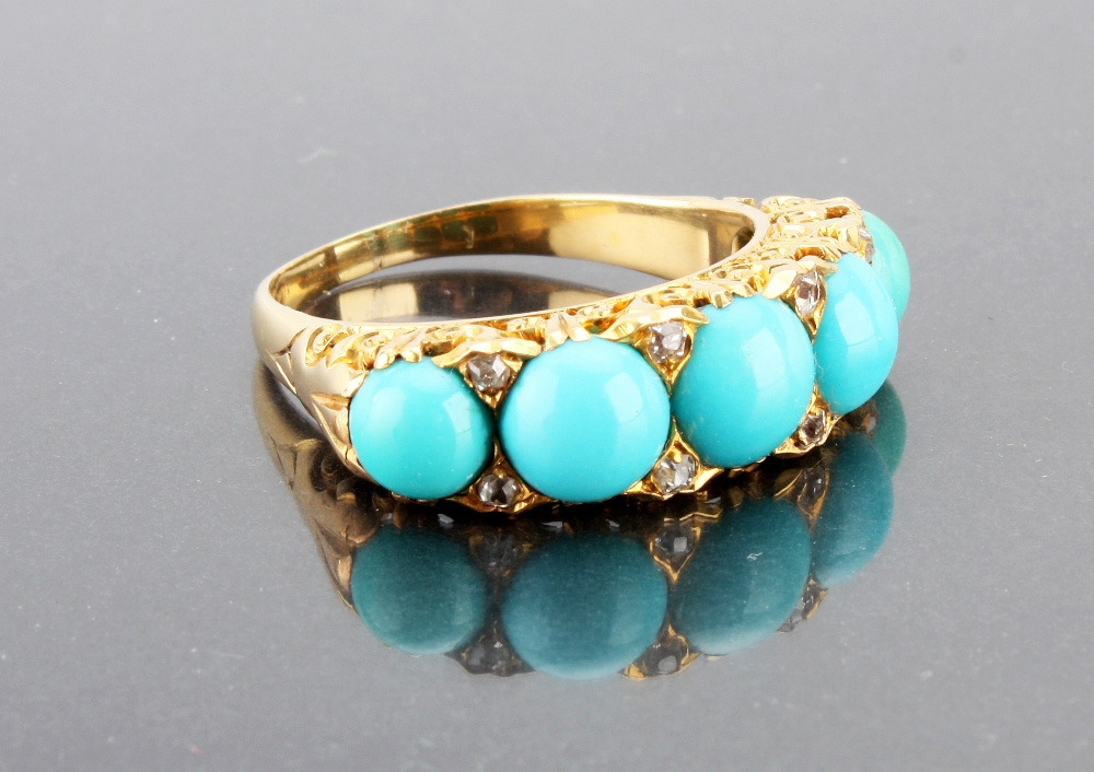 A turquoise five stone ring, the five graduated polished beads set in pierced mount with eight old