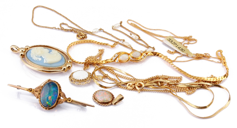 Two 9ct gold and opal pendants, together with two 9ct gold chain necklaces, a 9ct gold and baroque