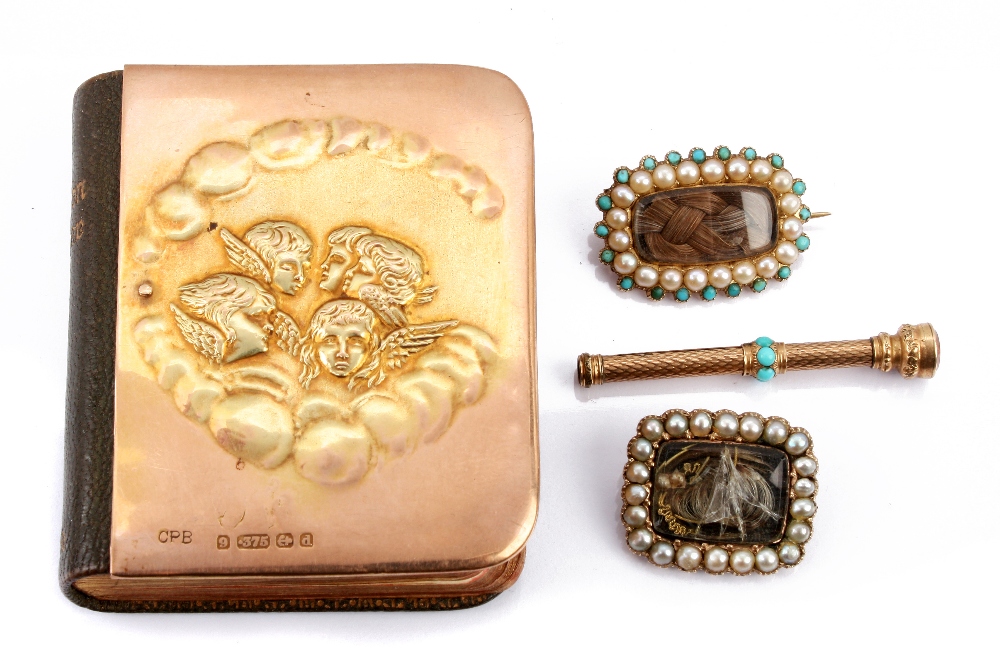 A 9ct gold front covered miniature book of Common Prayer, together with two gold and seed pearl