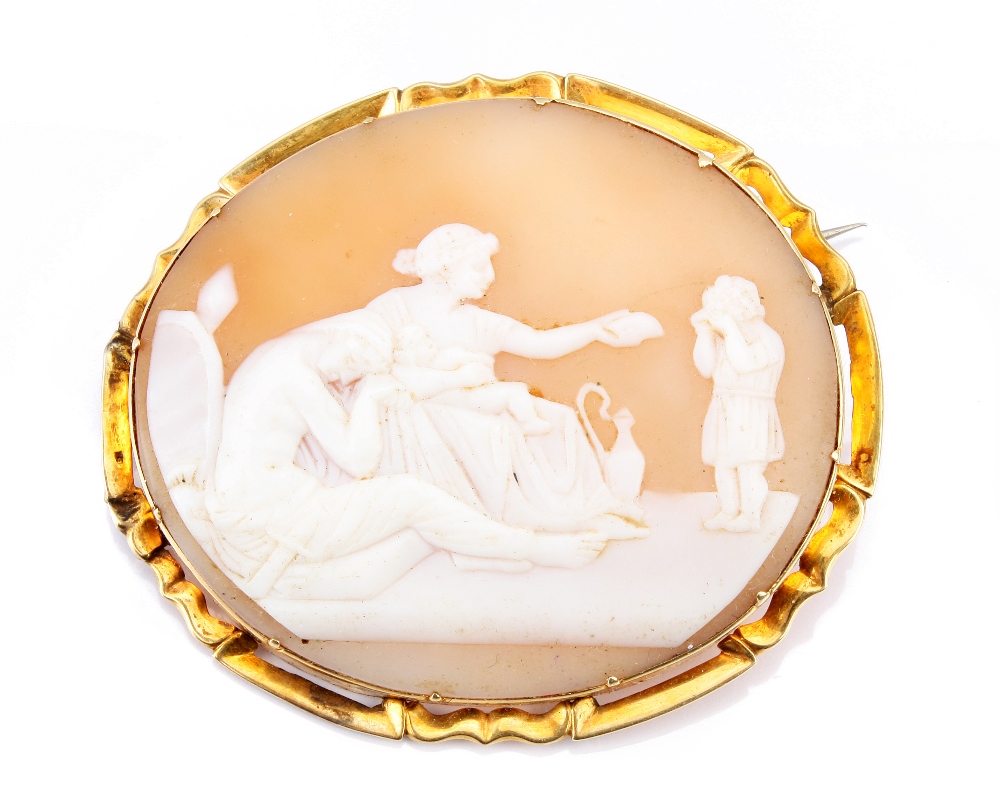 A late 19th century carved cameo brooch, with mythological scene in a pinchbeck oval frame