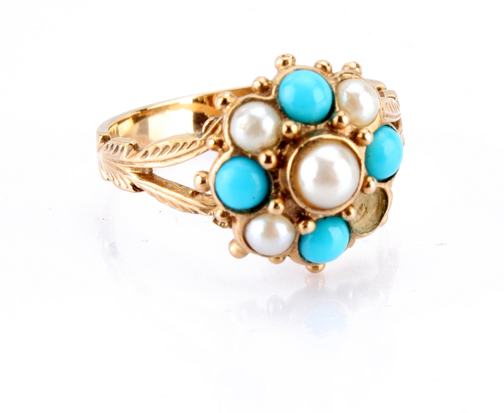 A 9ct gold, turquoise and pearl ring, the cluster tablet with one setting vacant, hallmarked