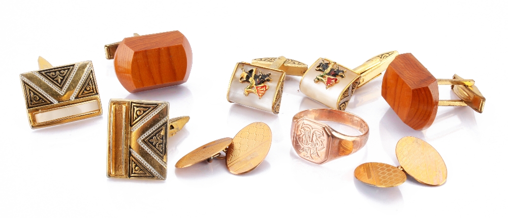 A pair of 9ct gold cufflinks, together with a 9ct gold gents signet ring and three pairs of gilt