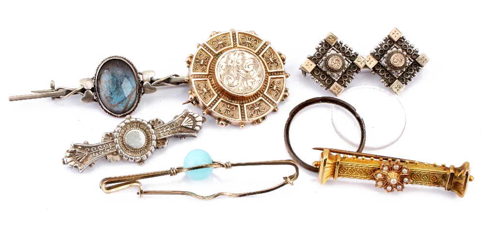 Six various brooches, including a yellow metal and seed pearl, a yellow metal mourning example,