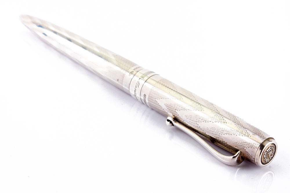 A Montegrappa RE91 silver ball pen, with engine turned chevron design, hallmarked