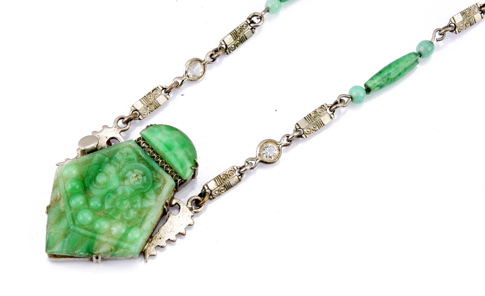 An Art Deco Chinese jade style glass necklace, with shaped glass pendant and beads to chain