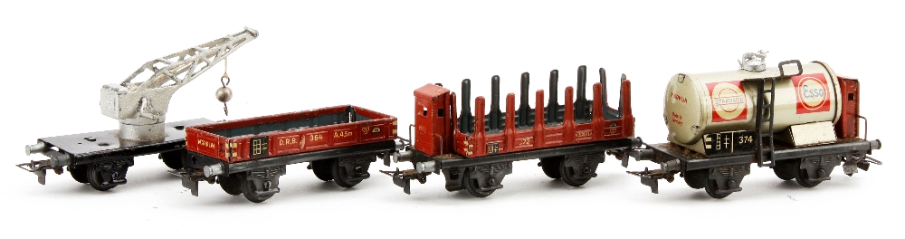 Marklin early post-war H0 Gauge Rolling Stock and Track: 374 Esso Tanker, 364 Open Wagon, 372 Log