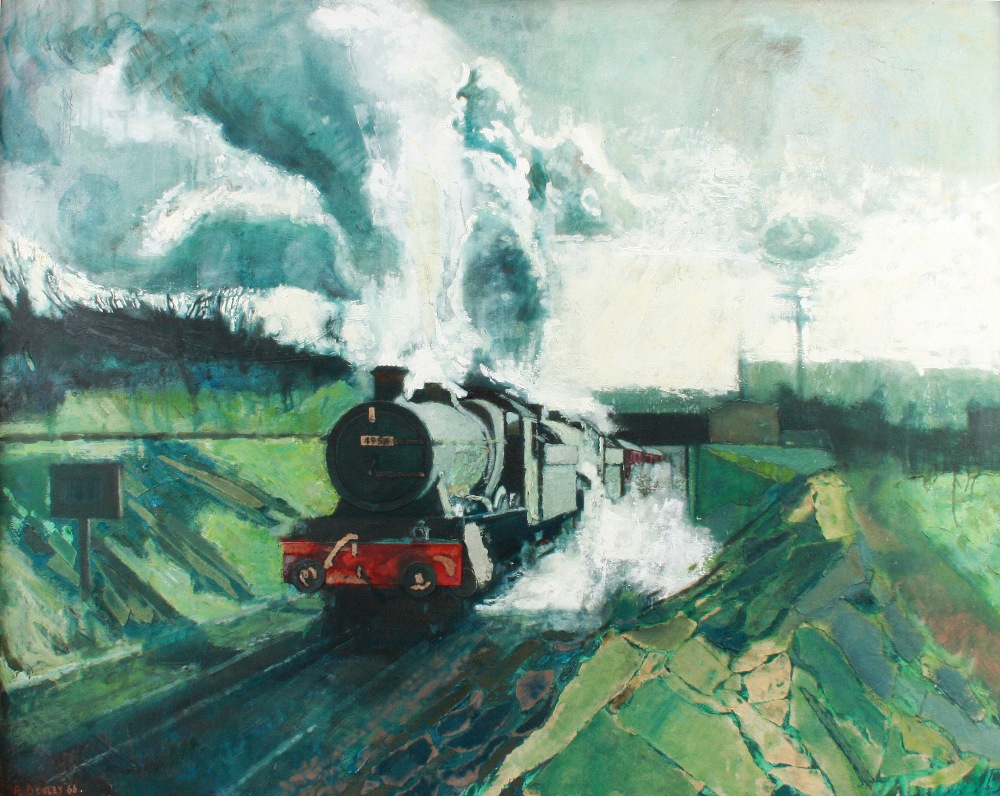 Alan Denley: A Western Region double-headed steam freight train on a steep grade, signed and