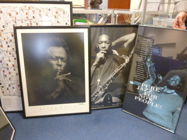 Three framed and glazed Jazz personality posters together with one Highlights of Jazz Story in