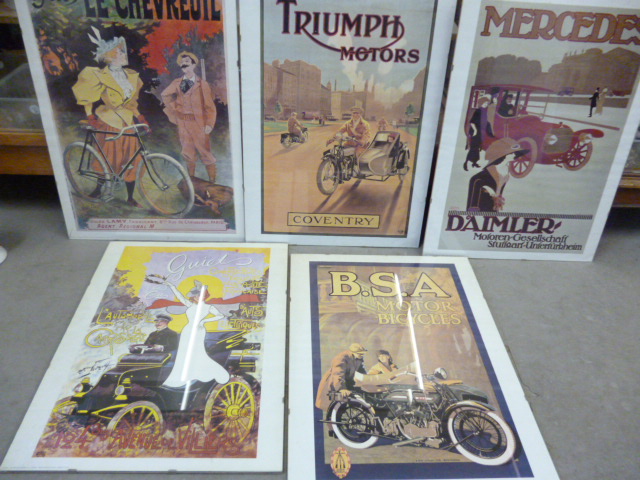 Transport, five reproduction posters including B.S.A Motor Cycles, Mercedes Daimler, Triumph