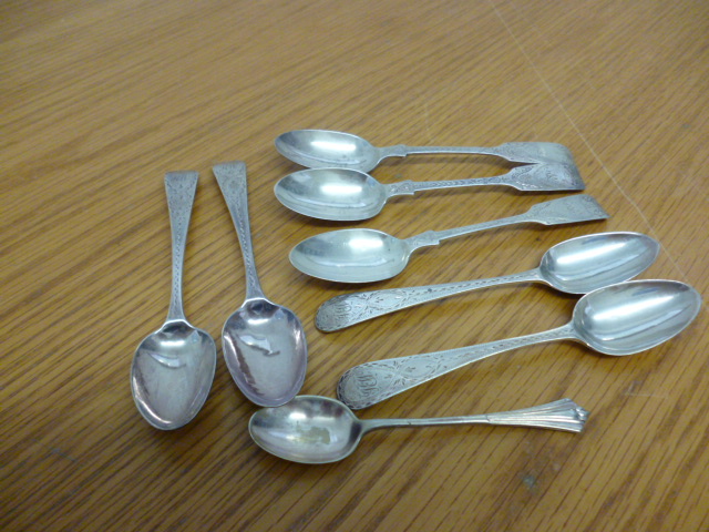 A collection of eight silver teaspoons, various makers, ages and design (8) NO LIVE BIDDING FOR THIS