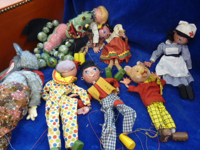 A group of Pelham puppets, including The Dragon, Rupert Bear, the Wolf, and others (8) NO LIVE