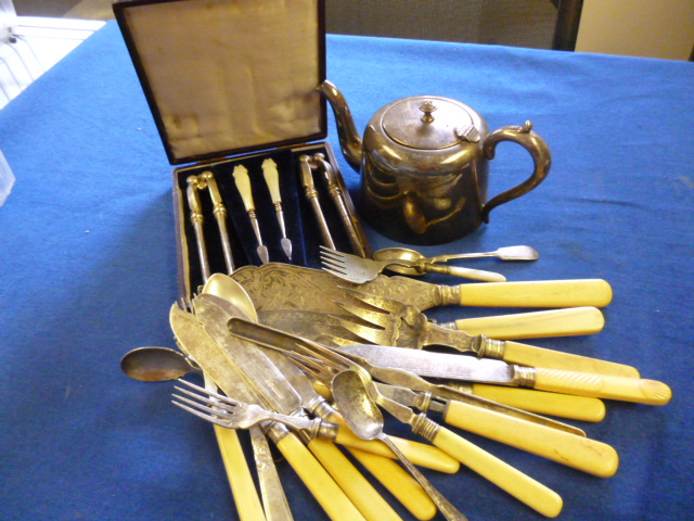 A silver plate and mother of pearl lobster set together with other silver and silver plated items (