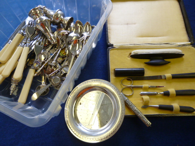 A collection of silver and silver plated items including a small dish, flatware etc (parcel) NO LIVE