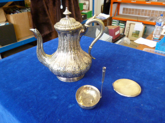 A George II toddy ladle, lacking handle, a silver compact, and a silver plate Indian coffee pot NO