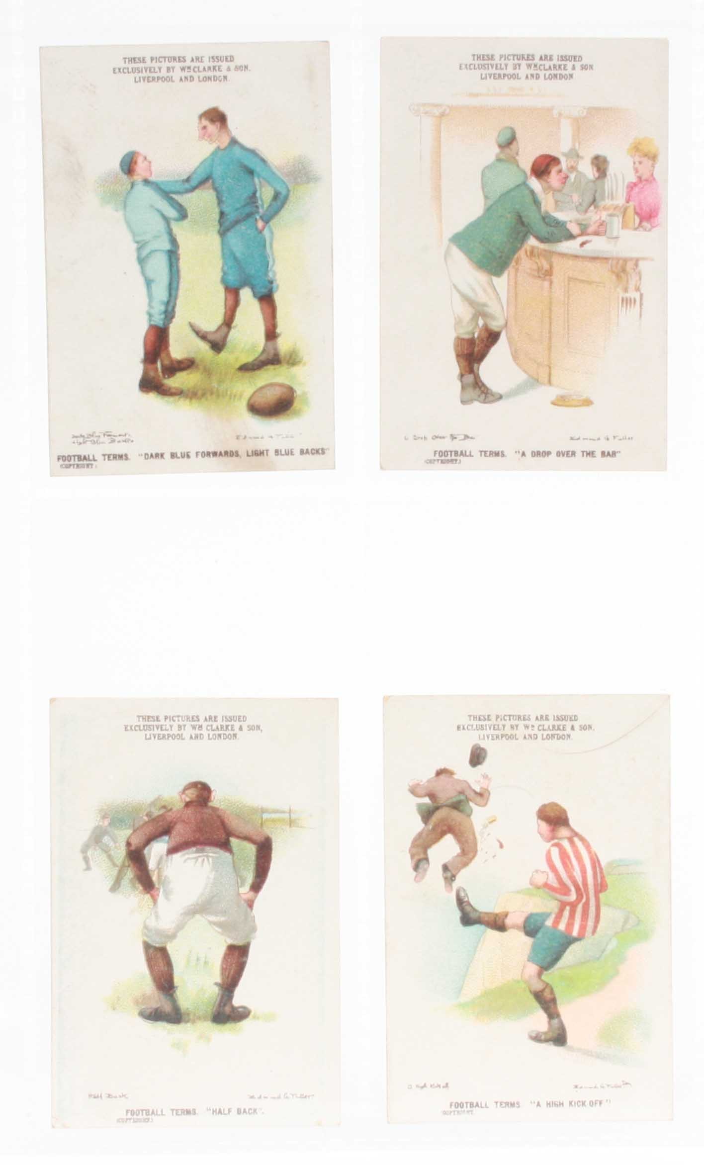 Cigarette cards, Clarke`s, Sporting Terms, Football Terms, 4 cards, `Dark Blue Forwards, Light