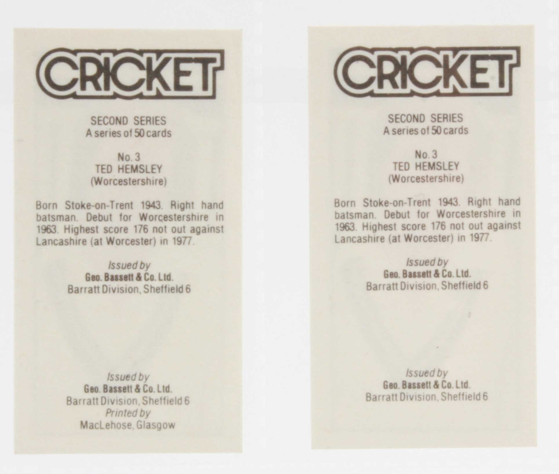Trade cards, Cricket, Bassett`s, Barratt Division, Cricket, Second Series, (set, 50 cards