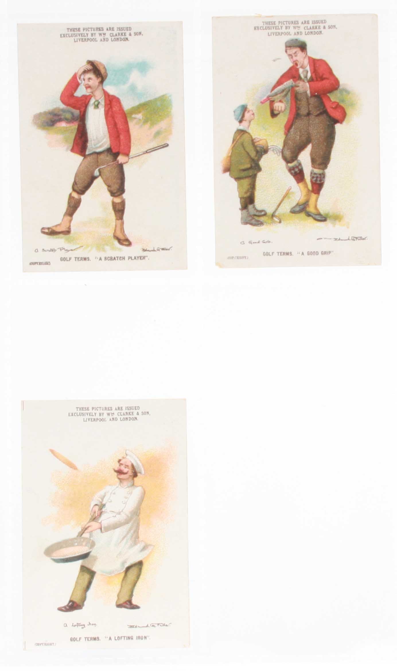 Cigarette cards, Clarke`s, Sporting Terms, Golf Terms, 3 cards, `A Scratch Player`, `A Good Grip` (