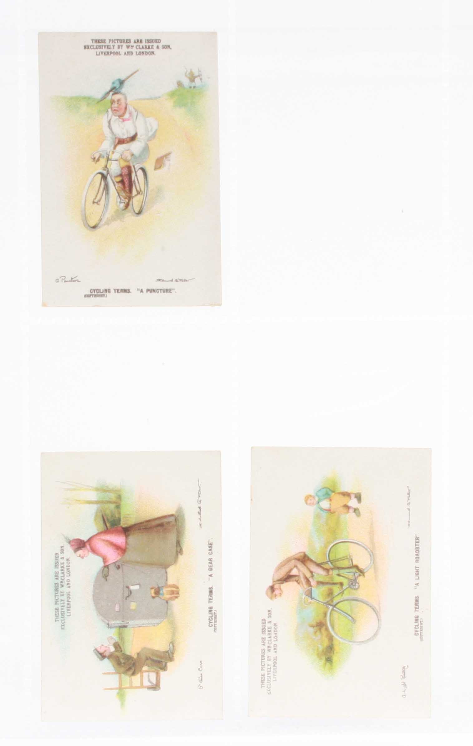 Cigarette cards, Clarke`s, Sporting Terms, Cycling Terms, 3 cards, `A Puncture`, `A Gear Case`, & `A