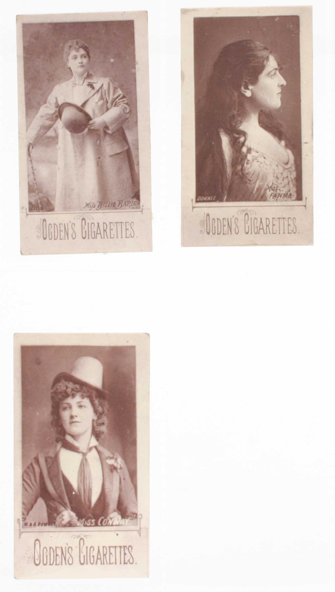 Cigarette cards, Ogden`s, Actresses, Woodburytype, three cards, Miss Billie Barlow, standing looking