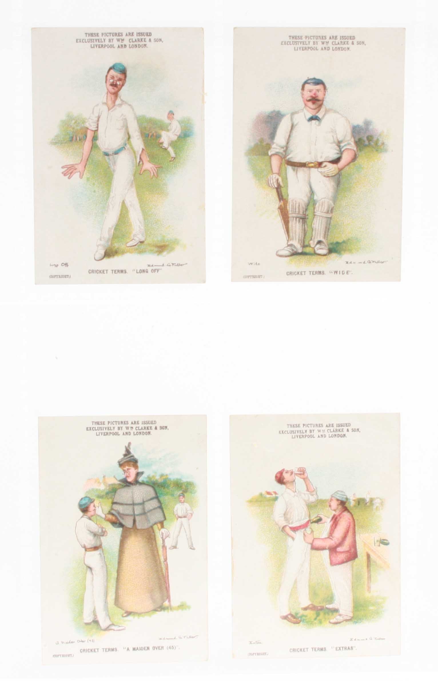 Cigarette cards, Clarke`s, Sporting Terms, Cricket Terms, 4 cards, `Long Off`, `Wide`, `A Maiden