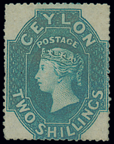 Ceylon 1861-64 Watermark Star Rough Perforations 2/- dull blue, unused without gum. S.G. 37, £750.