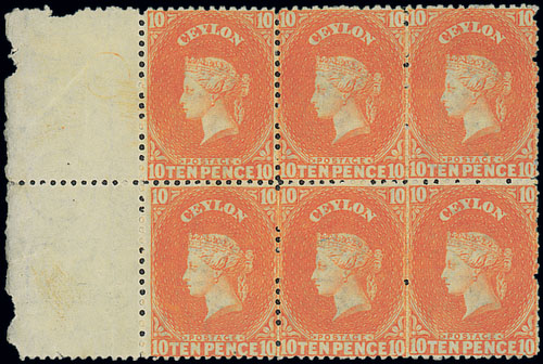 Ceylon 1867-70 Watermark Crown CC 10d. red-orange marginal block of six (3x2) from the left of the