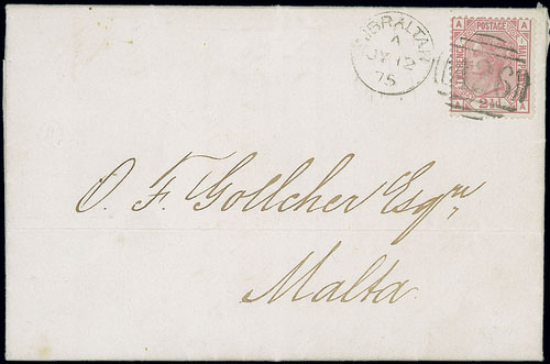 Gibraltar Great Britain used in Gibraltar 1875 (12 July) entire letter to Malta, bearing 1875-76 2½