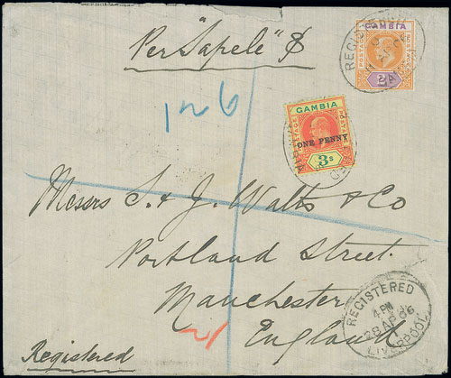 Gambia King Edward VII Covers 1906 (11 Apr.) envelope registered "Per Sapele" to England, bearing